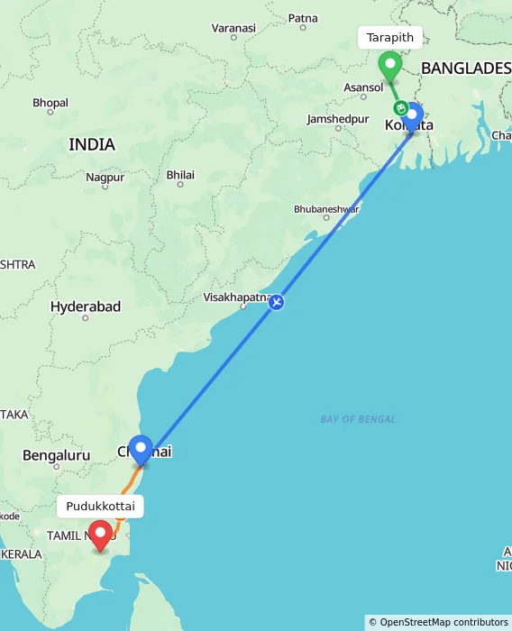 Route map showing distance and travel time from Tarapith, India to Pudukkottai, India