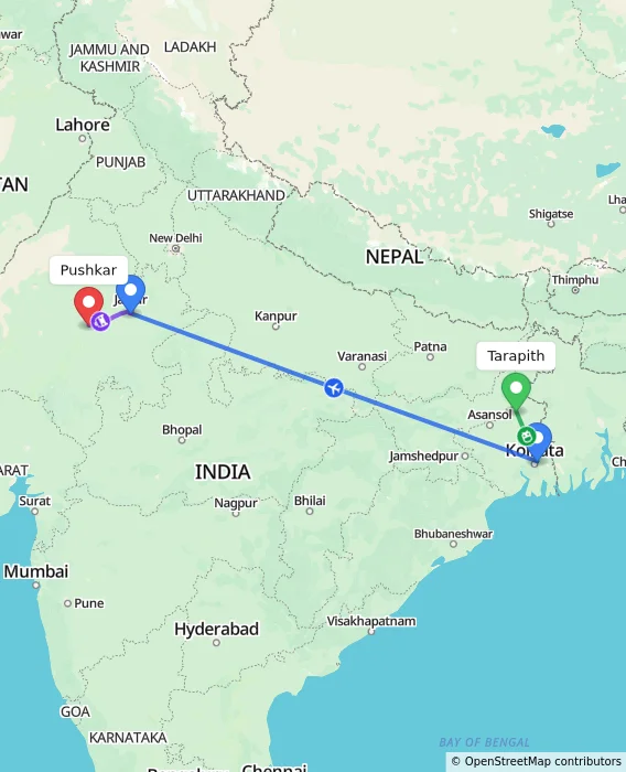 Route map showing distance and travel time from Tarapith, India to Pushkar, India