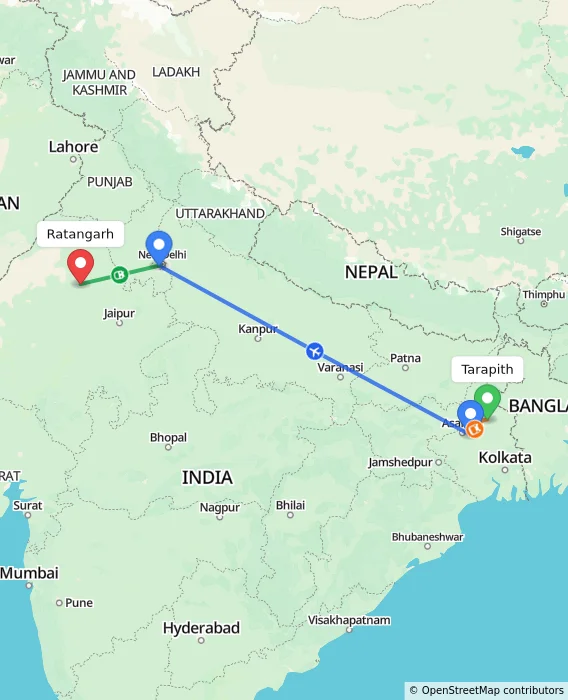 Route map showing distance and travel time from Tarapith, India to Ratangarh, India
