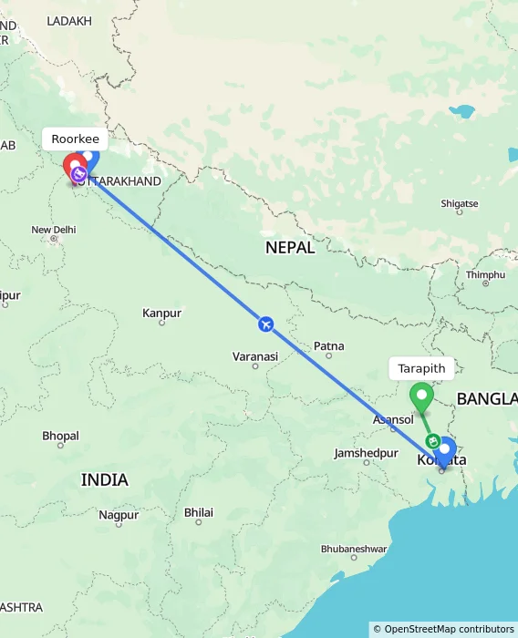 Route map showing distance and travel time from Tarapith, India to Roorkee, India