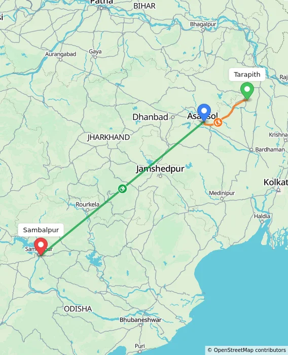 Route map showing distance and travel time from Tarapith, India to Sambalpur, India