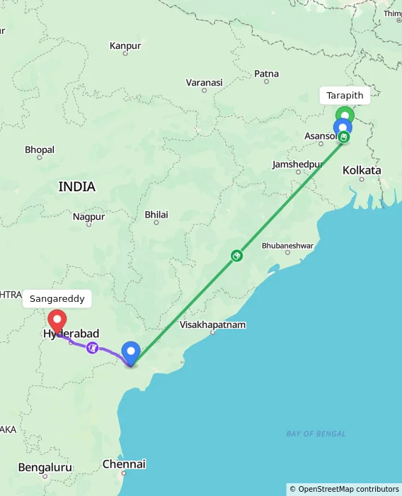 Route map showing distance and travel time from Tarapith, India to Sangareddy, India