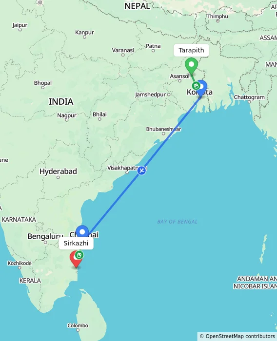 Route map showing distance and travel time from Tarapith, India to Sirkazhi, India