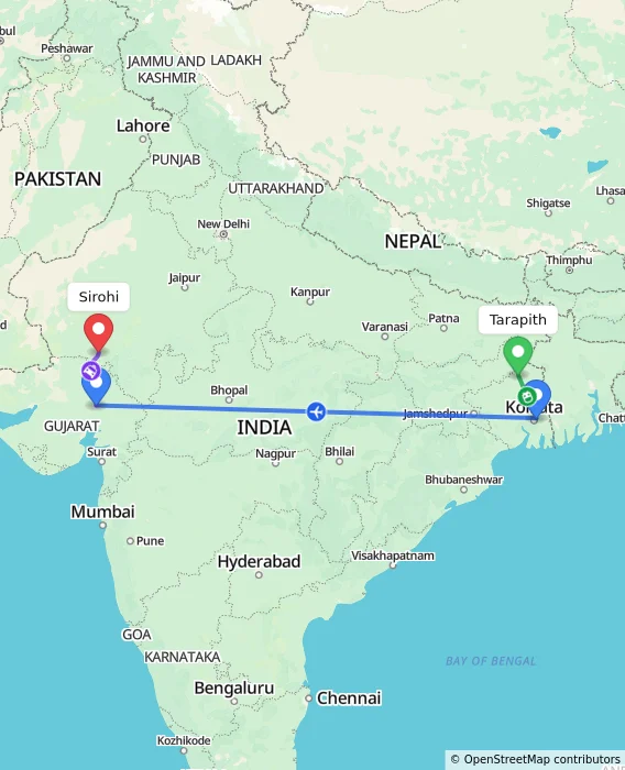 Route map showing distance and travel time from Tarapith, India to Sirohi, India