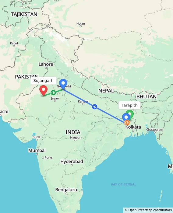 Route map showing distance and travel time from Tarapith, India to Sujangarh, India