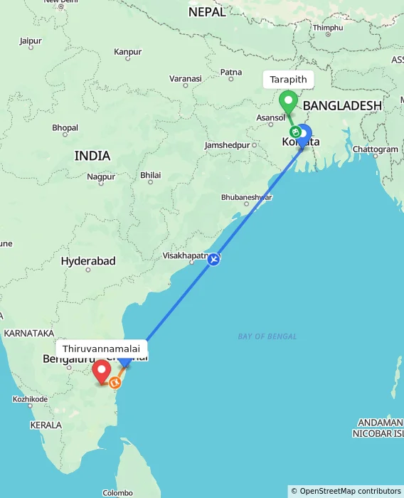 Route map showing distance and travel time from Tarapith, India to Thiruvannamalai, India