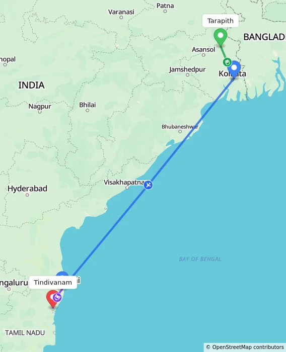 Route map showing distance and travel time from Tarapith, India to Tindivanam, India