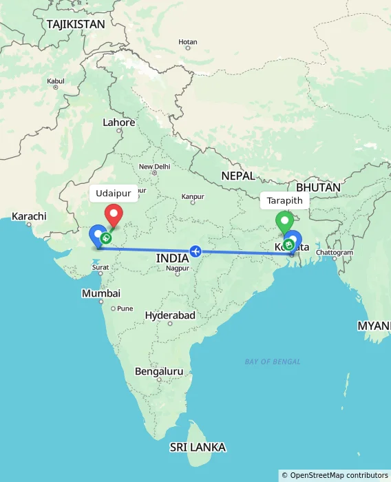 Route map showing distance and travel time from Tarapith, India to Udaipur, India