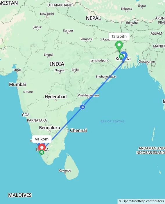 Route map showing distance and travel time from Tarapith, India to Vaikom, India