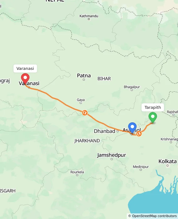 Route map showing distance and travel time from Tarapith, India to Varanasi, India