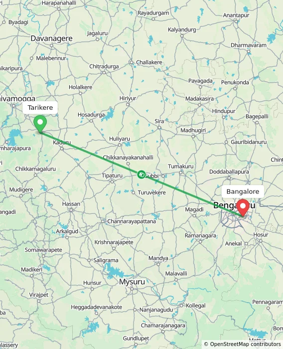 Route map showing distance and travel time from Tarikere, India to Bangalore, India