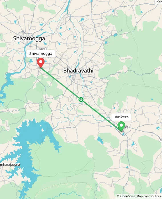 Route map showing distance and travel time from Tarikere, India to Shivamogga, India