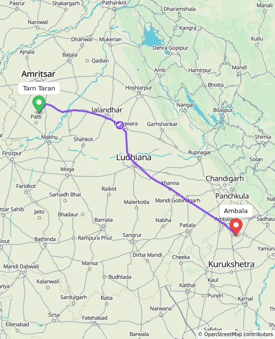 Route map showing distance and travel time from Tarn Taran, India to Ambala, India