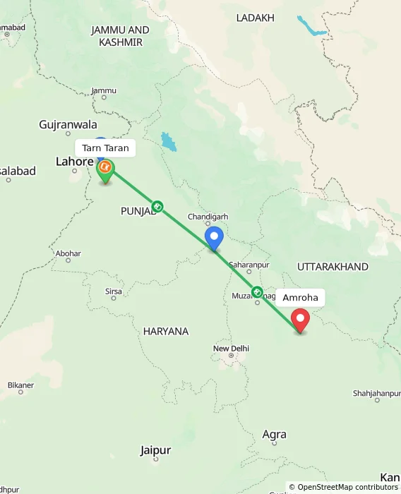 Route map showing distance and travel time from Tarn Taran, India to Amroha, India