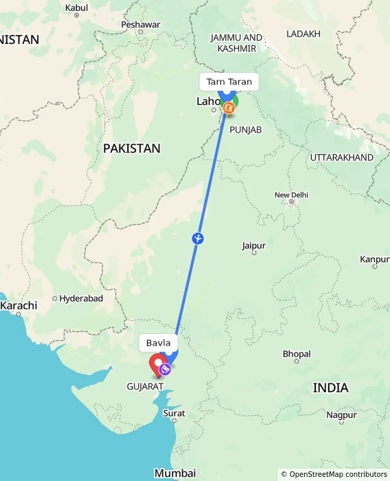 Route map showing distance and travel time from Tarn Taran, India to Bavla, India