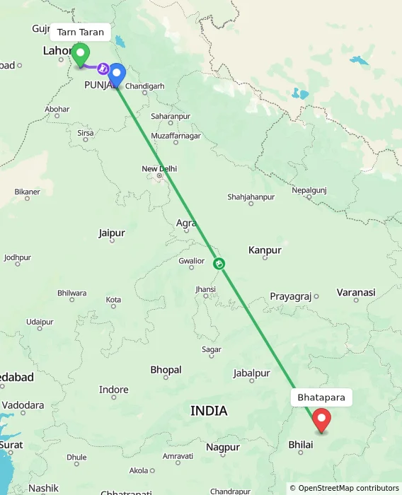 Route map showing distance and travel time from Tarn Taran, India to Bhatapara, India
