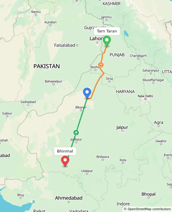 Route map showing distance and travel time from Tarn Taran, India to Bhinmal, India