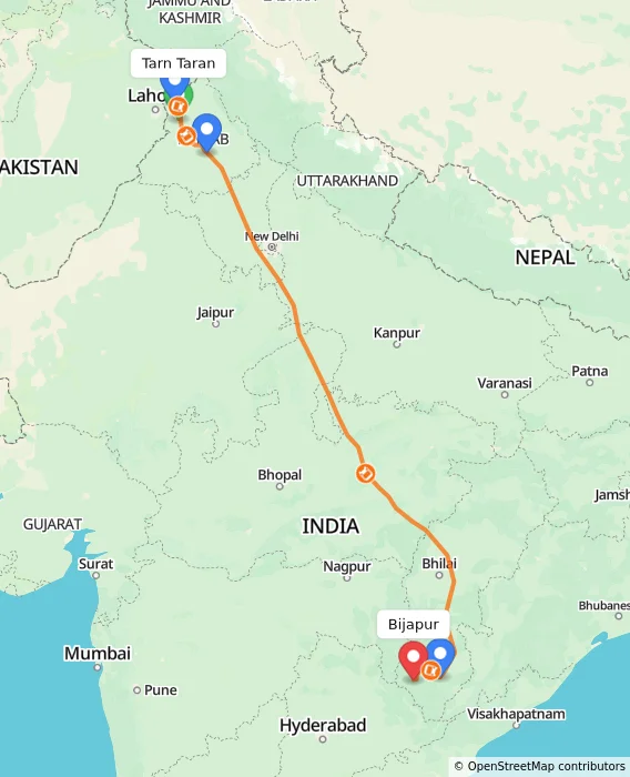 Route map showing distance and travel time from Tarn Taran, India to Bijapur, India