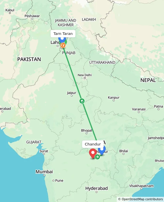 Route map showing distance and travel time from Tarn Taran, India to Chandur, India