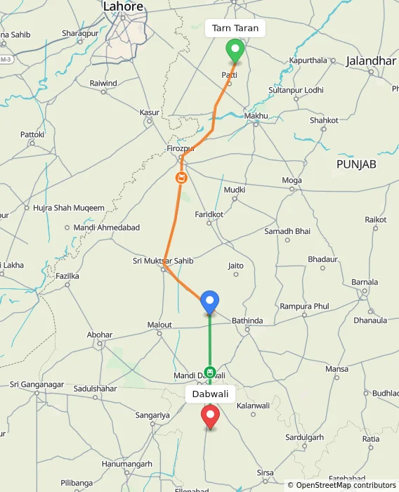 Route map showing distance and travel time from Tarn Taran, India to Dabwali, India