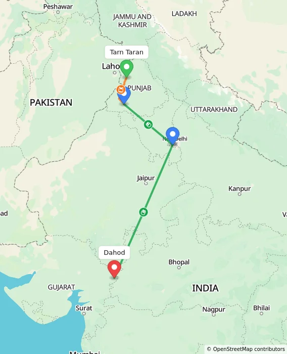Route map showing distance and travel time from Tarn Taran, India to Dahod, India