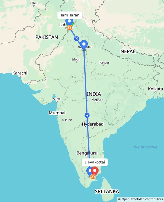 Route map showing distance and travel time from Tarn Taran, India to Devakottai, India