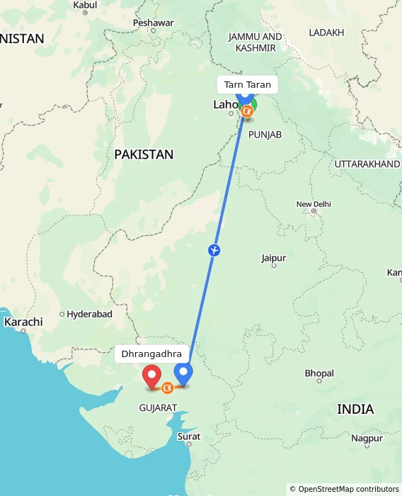 Route map showing distance and travel time from Tarn Taran, India to Dhrangadhra, India