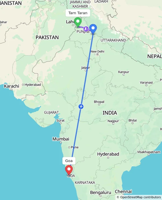 Route map showing distance and travel time from Tarn Taran, India to Goa, India