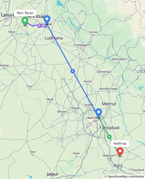 Route map showing distance and travel time from Tarn Taran, India to Hathras, India
