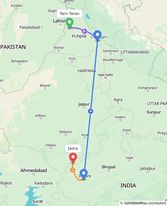 Route map showing distance and travel time from Tarn Taran, India to Jaora, India