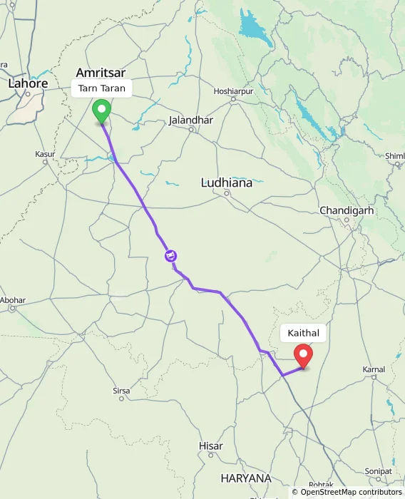 Route map showing distance and travel time from Tarn Taran, India to Kaithal, India