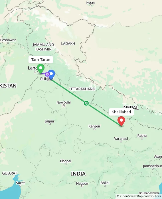 Route map showing distance and travel time from Tarn Taran, India to Khalilabad, India