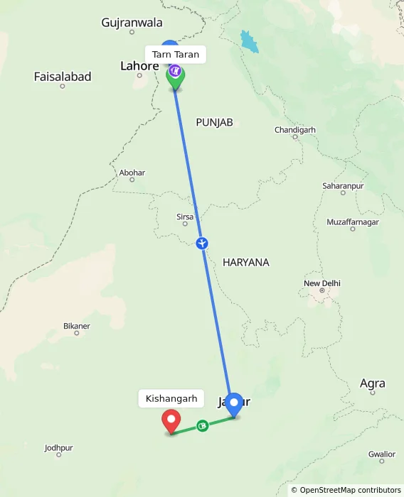 Route map showing distance and travel time from Tarn Taran, India to Kishangarh, India
