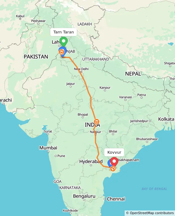 Route map showing distance and travel time from Tarn Taran, India to Kovvur, India