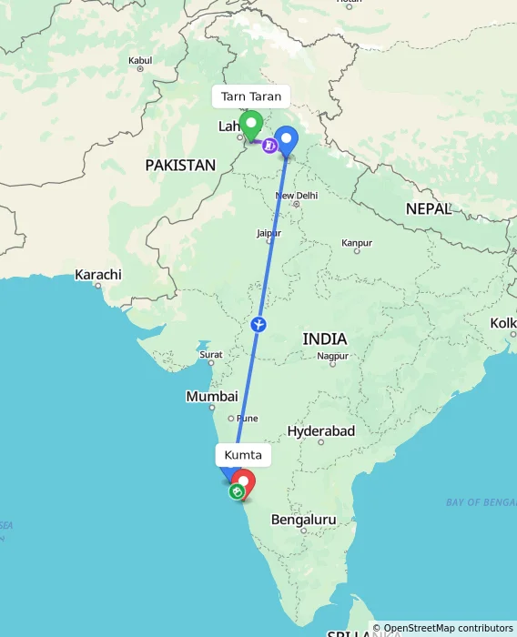 Route map showing distance and travel time from Tarn Taran, India to Kumta, India