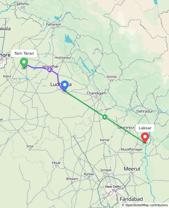 Route map showing distance and travel time from Tarn Taran, India to Laksar, India