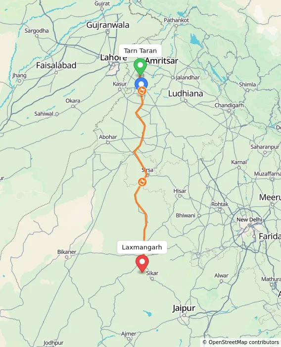 Route map showing distance and travel time from Tarn Taran, India to Laxmangarh, India