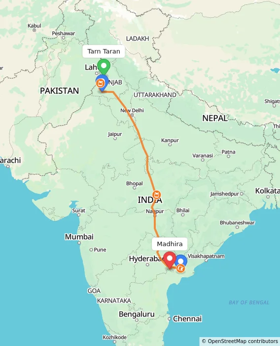 Route map showing distance and travel time from Tarn Taran, India to Madhira, India
