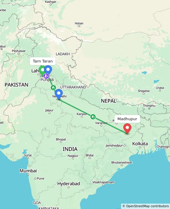 Route map showing distance and travel time from Tarn Taran, India to Madhupur, India