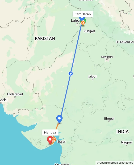 Route map showing distance and travel time from Tarn Taran, India to Mahuva, India