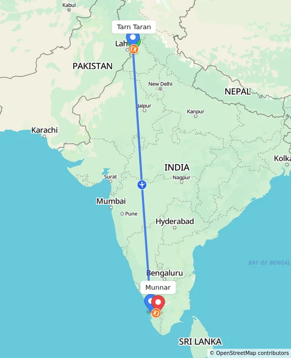Route map showing distance and travel time from Tarn Taran, India to Munnar, India