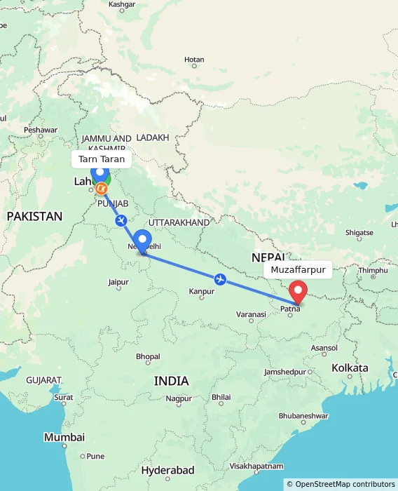 Route map showing distance and travel time from Tarn Taran, India to Muzaffarpur, India
