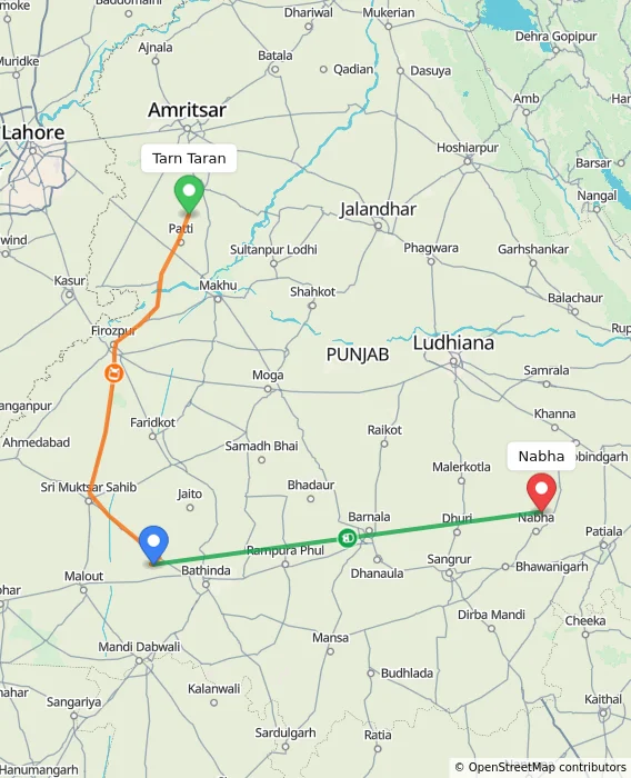 Route map showing distance and travel time from Tarn Taran, India to Nabha, India