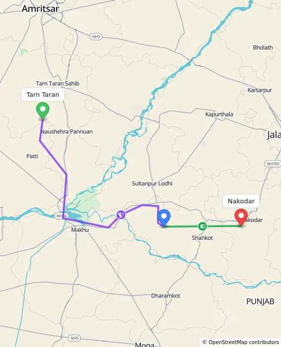 Route map showing distance and travel time from Tarn Taran, India to Nakodar, India