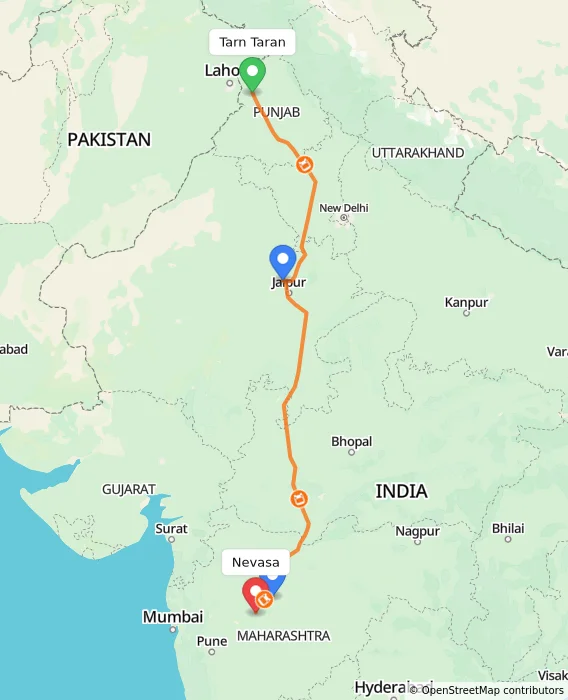 Route map showing distance and travel time from Tarn Taran, India to Nevasa, India