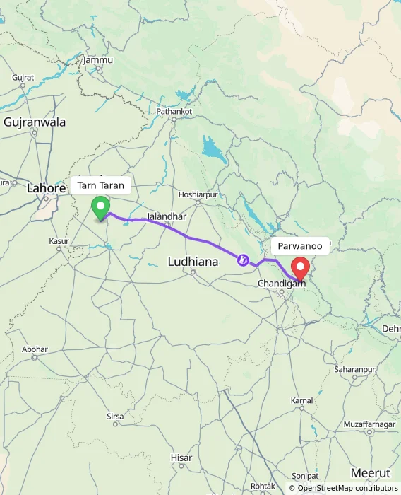 Route map showing distance and travel time from Tarn Taran, India to Parwanoo, India