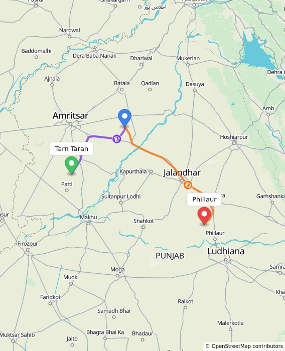 Route map showing distance and travel time from Tarn Taran, India to Phillaur, India