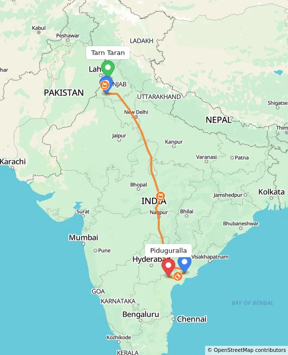 Route map showing distance and travel time from Tarn Taran, India to Piduguralla, India