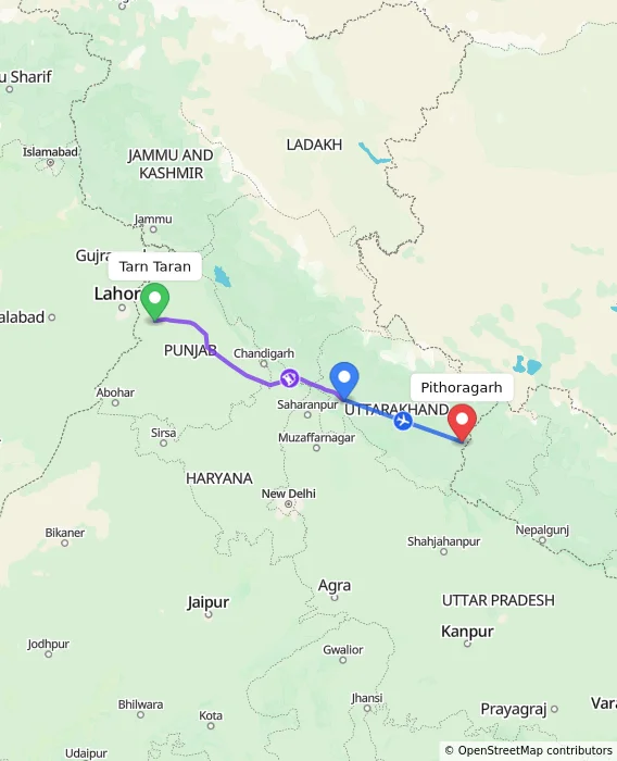 Route map showing distance and travel time from Tarn Taran, India to Pithoragarh, India