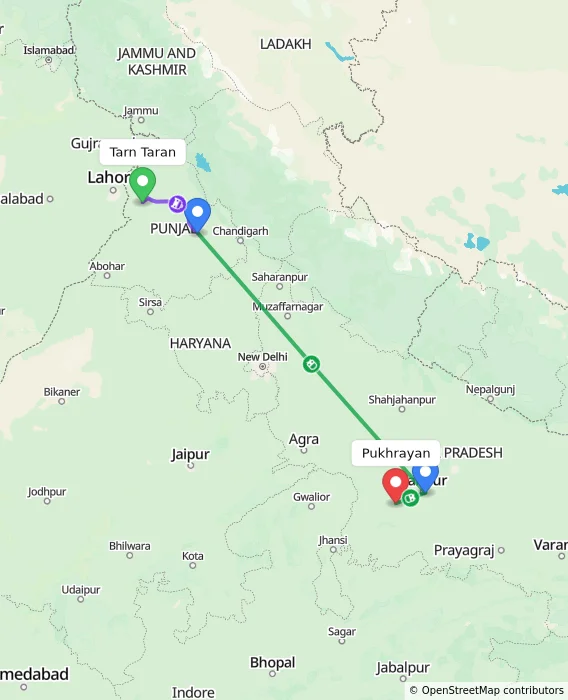Route map showing distance and travel time from Tarn Taran, India to Pukhrayan, India